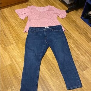Bundle: Pink cotton top; size XL top & Levi’s size 16/33 cropped boyfriend jeans